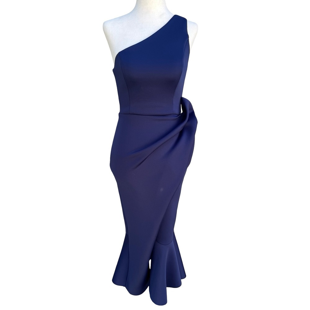 ASOS‎ Navy One Shoulder Scuba Gala Formal Midi Dress Bow Detail US 4 NEW Mermaid